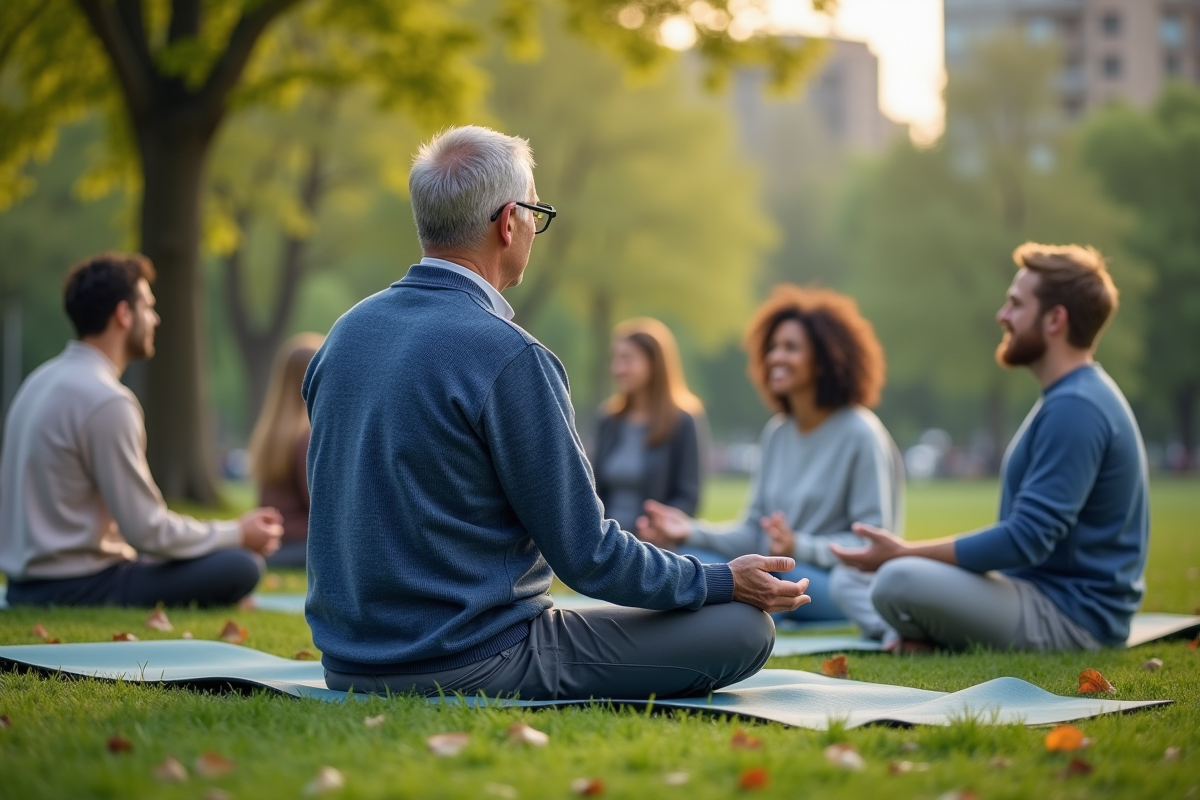 Groupe en sophrologie en plein air dans un parc urbain