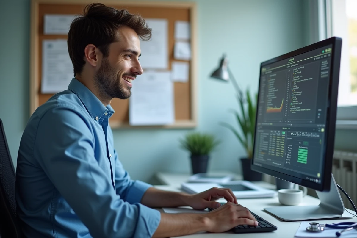 Jeune homme ajustant logiciel de santé sur ordinateur