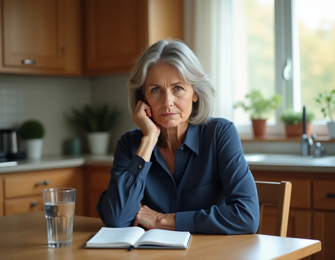 Femme d'âge mûr assise à la cuisine avec une main posée sous l'aisselle gauche dans une attitude réflexive