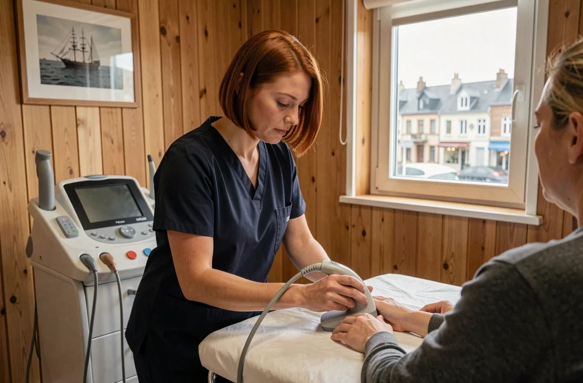Kinésithérapeute réalisant une échographie thérapeutique sur l'avant-bras d'un patient à Boulogne-sur-Mer