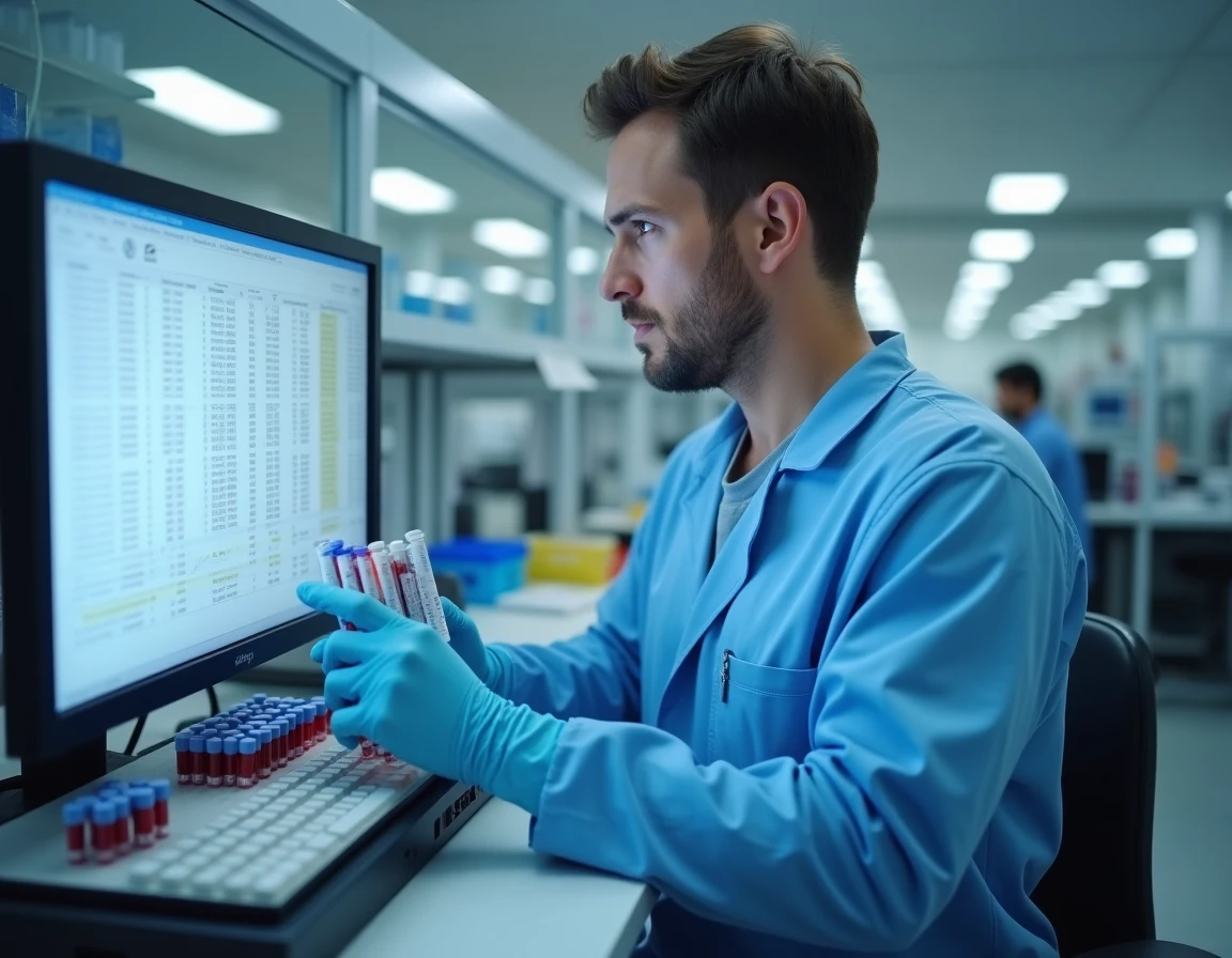 Technicien de laboratoire médical analysant des tubes de prélèvement sanguin pour mesurer les enzymes hépatiques SGOT et ALAT