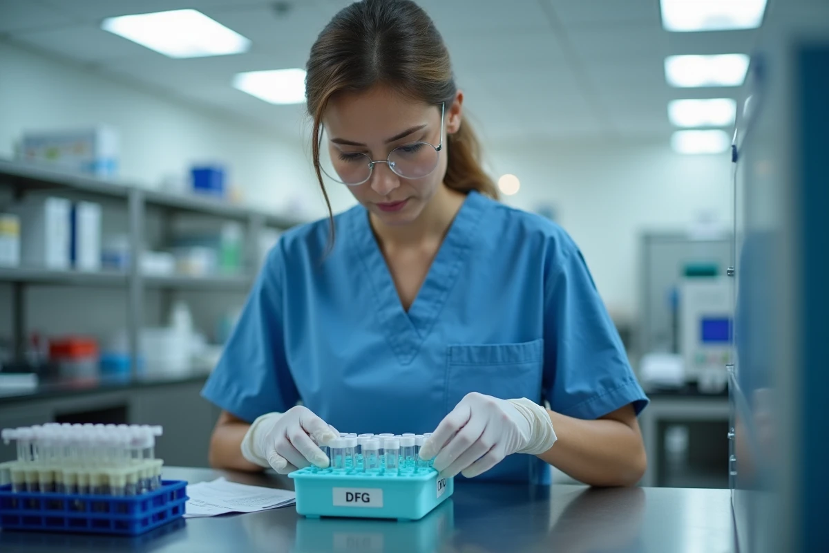 Technicien en blouse bleue examine un echantillon en laboratoire