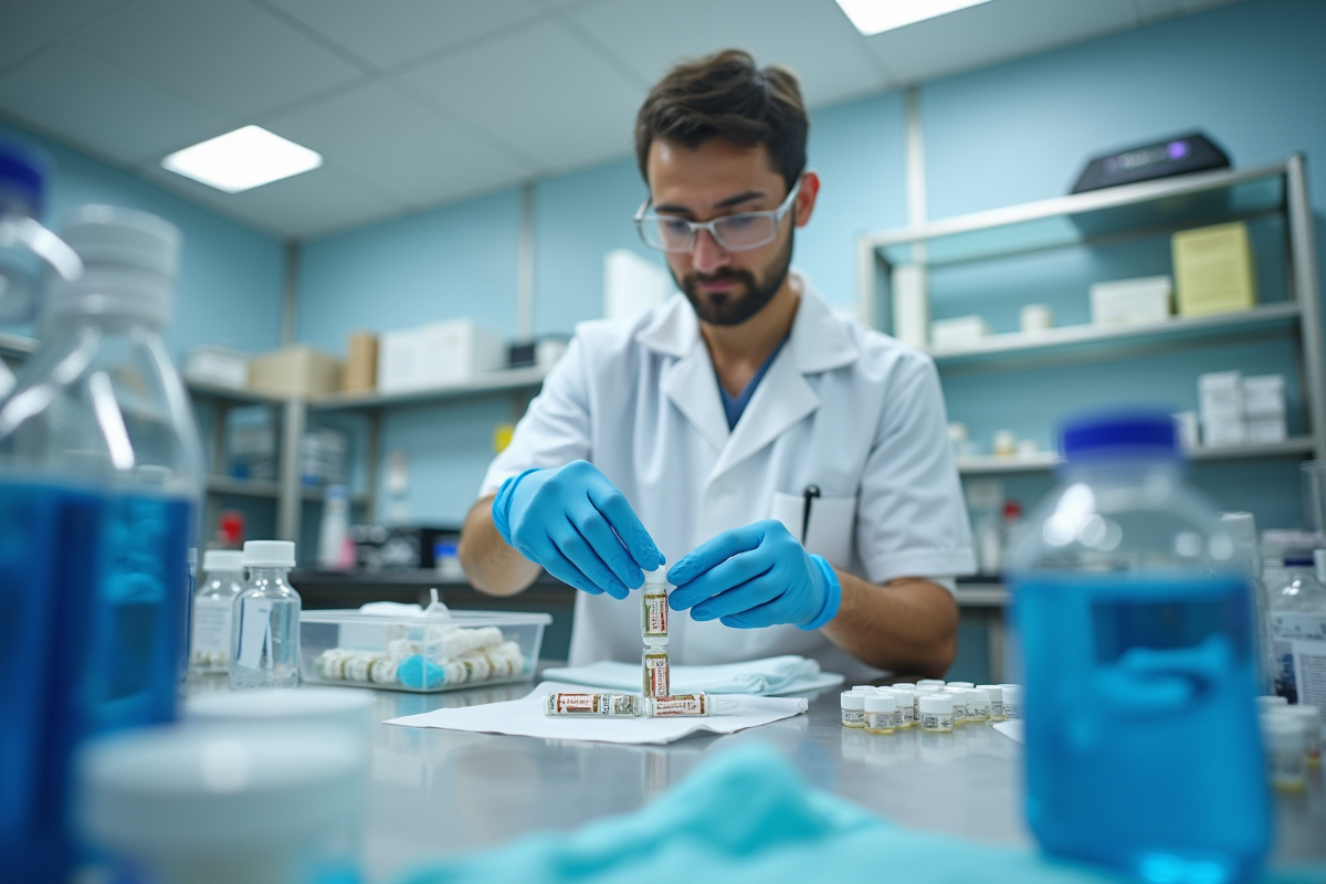 Technicien en blouse préparant des échantillons de cordon