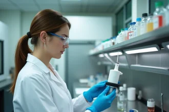 Technicienne de laboratoire inspectant un aérobiocollecteur cylindrique sur paillasse en laboratoire de microbiologie