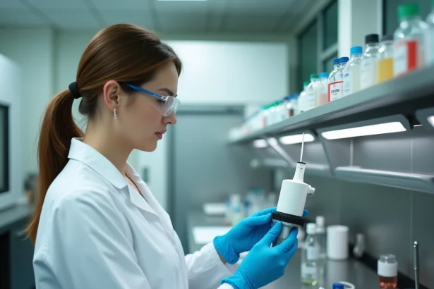 Technicienne de laboratoire inspectant un aérobiocollecteur cylindrique sur paillasse en laboratoire de microbiologie