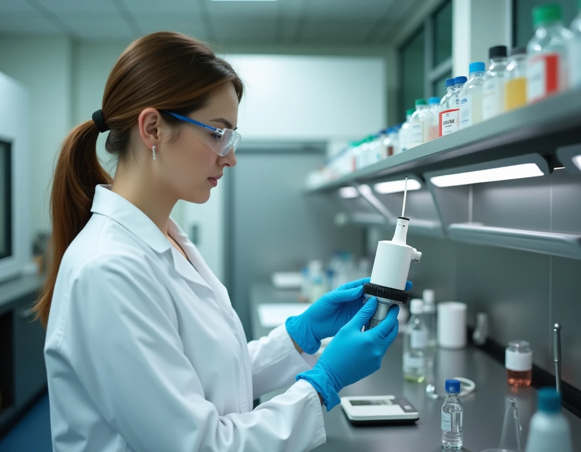Technicienne de laboratoire inspectant un aérobiocollecteur cylindrique sur paillasse en laboratoire de microbiologie