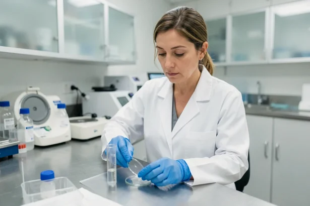 Technicienne de laboratoire préparant une lame pour analyse cytologique urinaire dans un laboratoire médical