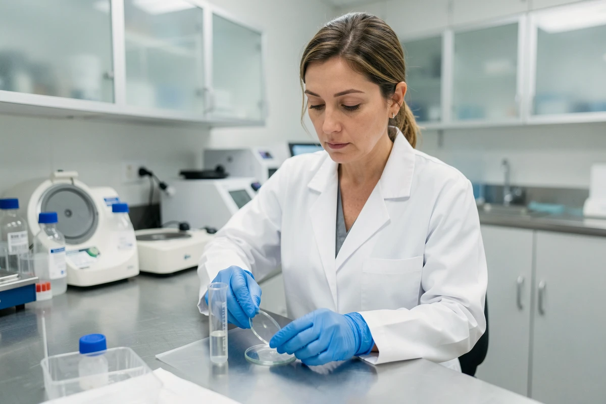 Technicienne de laboratoire préparant une lame pour analyse cytologique urinaire dans un laboratoire médical