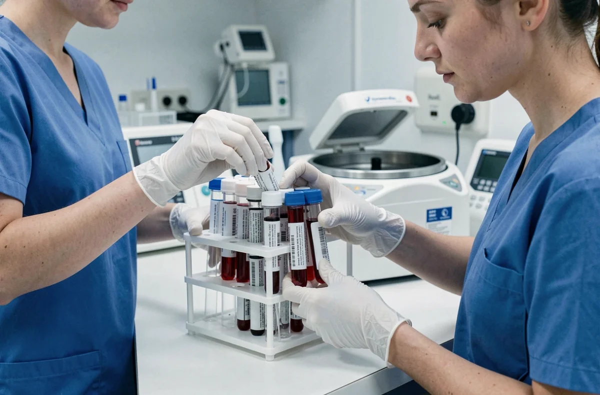 Technicienne de laboratoire manipulant des tubes de prise de sang pour analyse hépatique ALAT