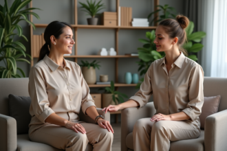 Sophrologue femme guidant un client dans un cabinet calme