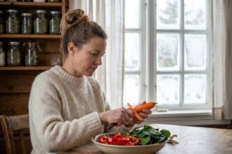 Femme préparant des légumes riches en vitamines pour la santé oculaire en hiver
