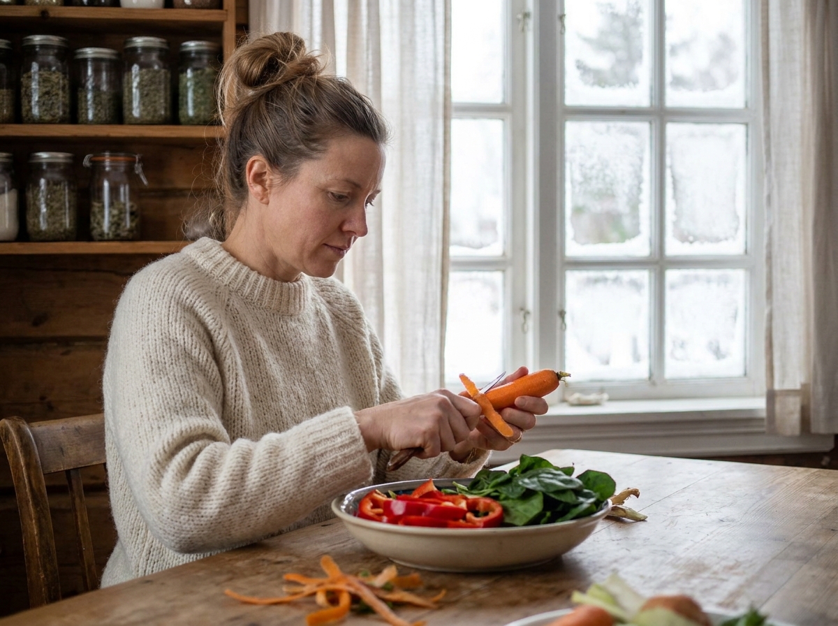 Femme préparant des légumes riches en vitamines pour la santé oculaire en hiver