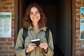 Femme voyageuse avec carte de vaccination devant une clinique